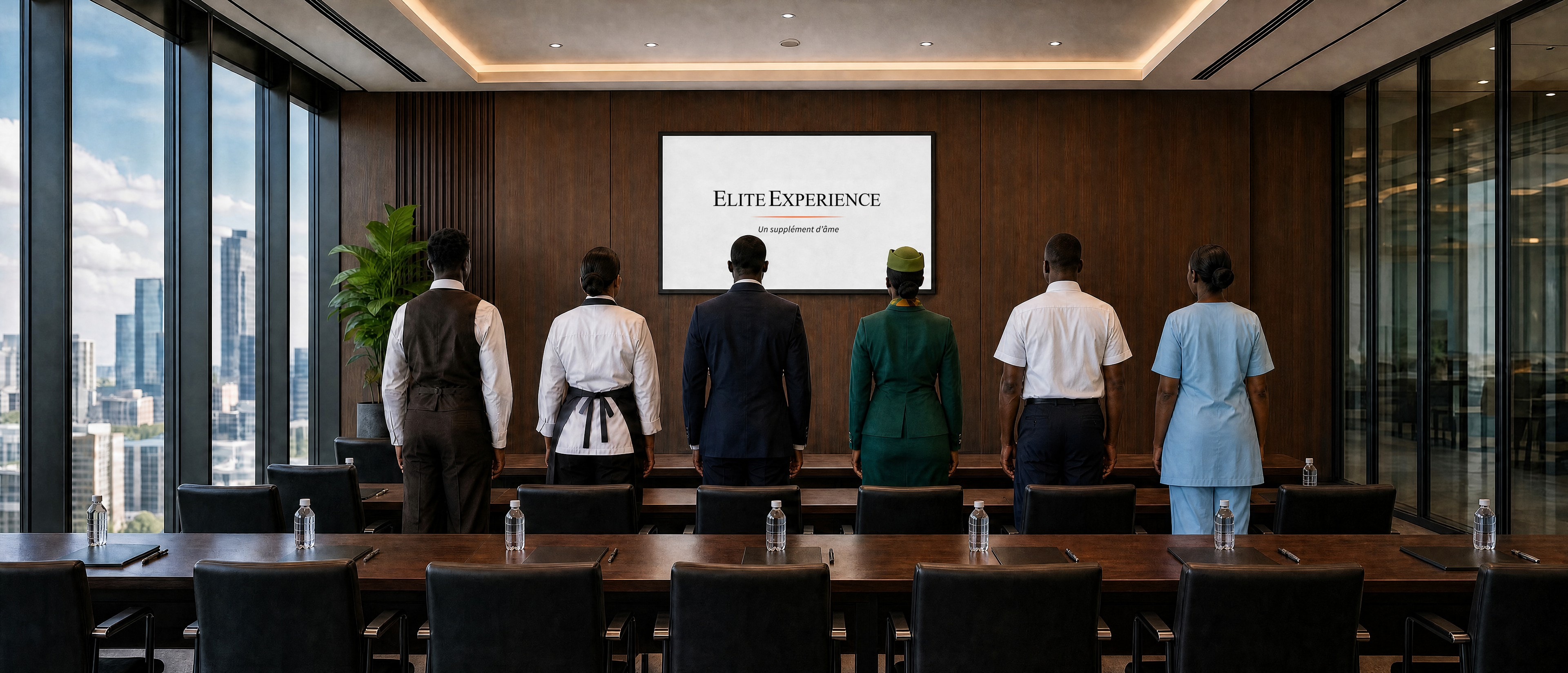 Professionnels de plusieurs métiers en formation devant un écran Elite Experience